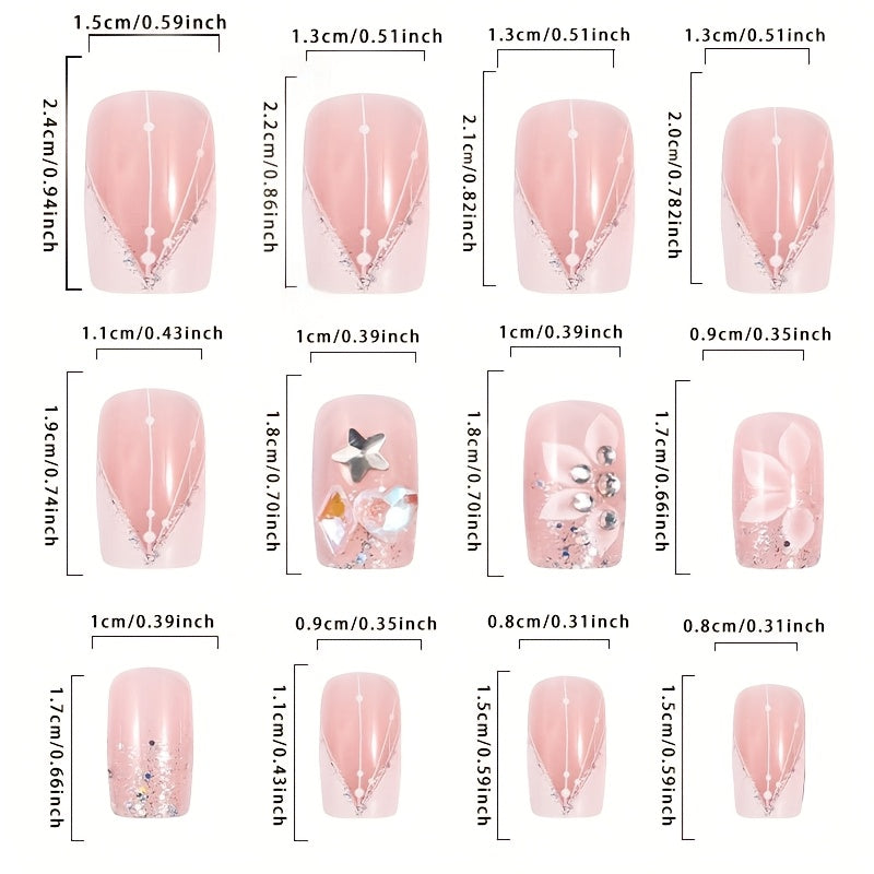 24pcs Elegant French White Glitter Flower Short Square Press-On Nails with Jelly Adhesive Tabs & Nail File - Nude & Fair Tone, Glossy Finish, Wearable Artificial Nail Set, Nail Art Decor|Floral Nail Design|Shiny Finish, Nail